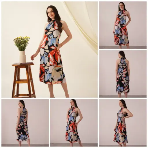 Black Minati Floral  Halter-Neck Dress