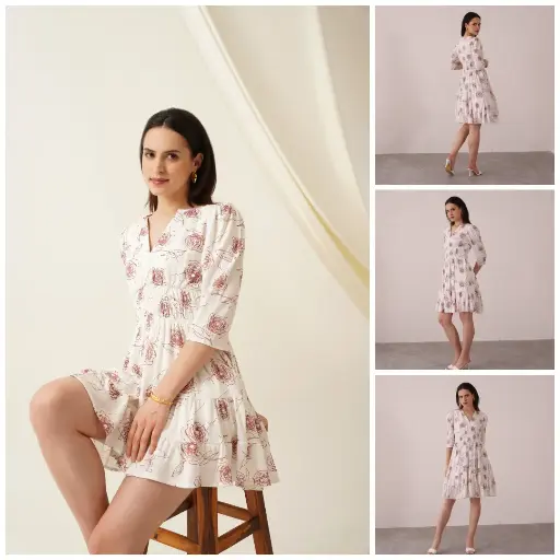 White Rose Floral Short Crepe Dress