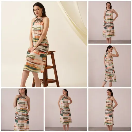 Halter Neck Handbrush Print Orange highlight Dress