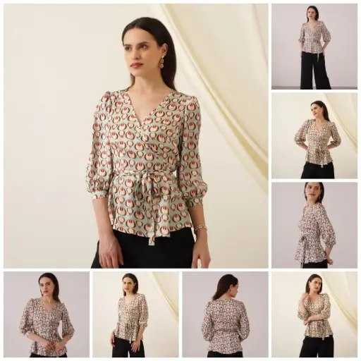 Peacock Feather Print Wrap Shirt