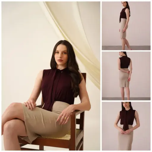 Half- Half Maroon & Beige Office wear Dress